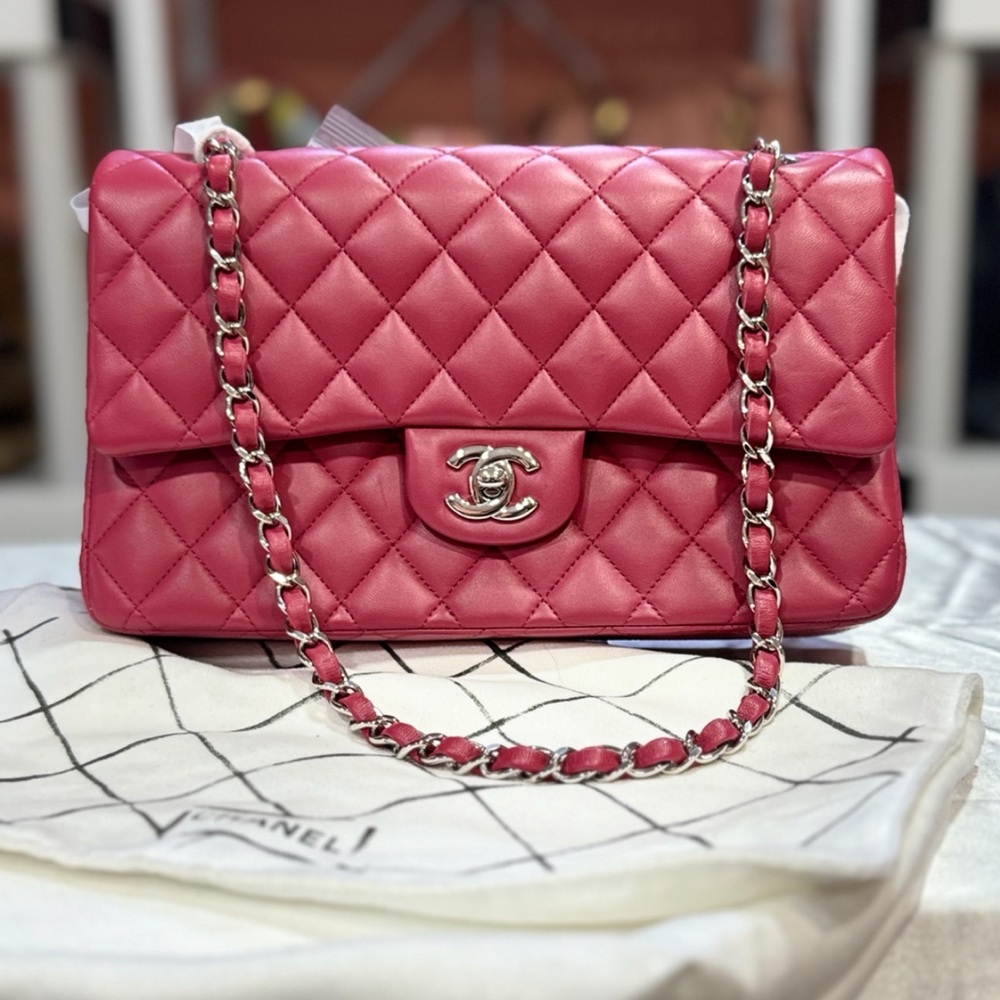 Chanel Medium Classic Double Flap Raspberry Pink Lambskin SHW 26 Series